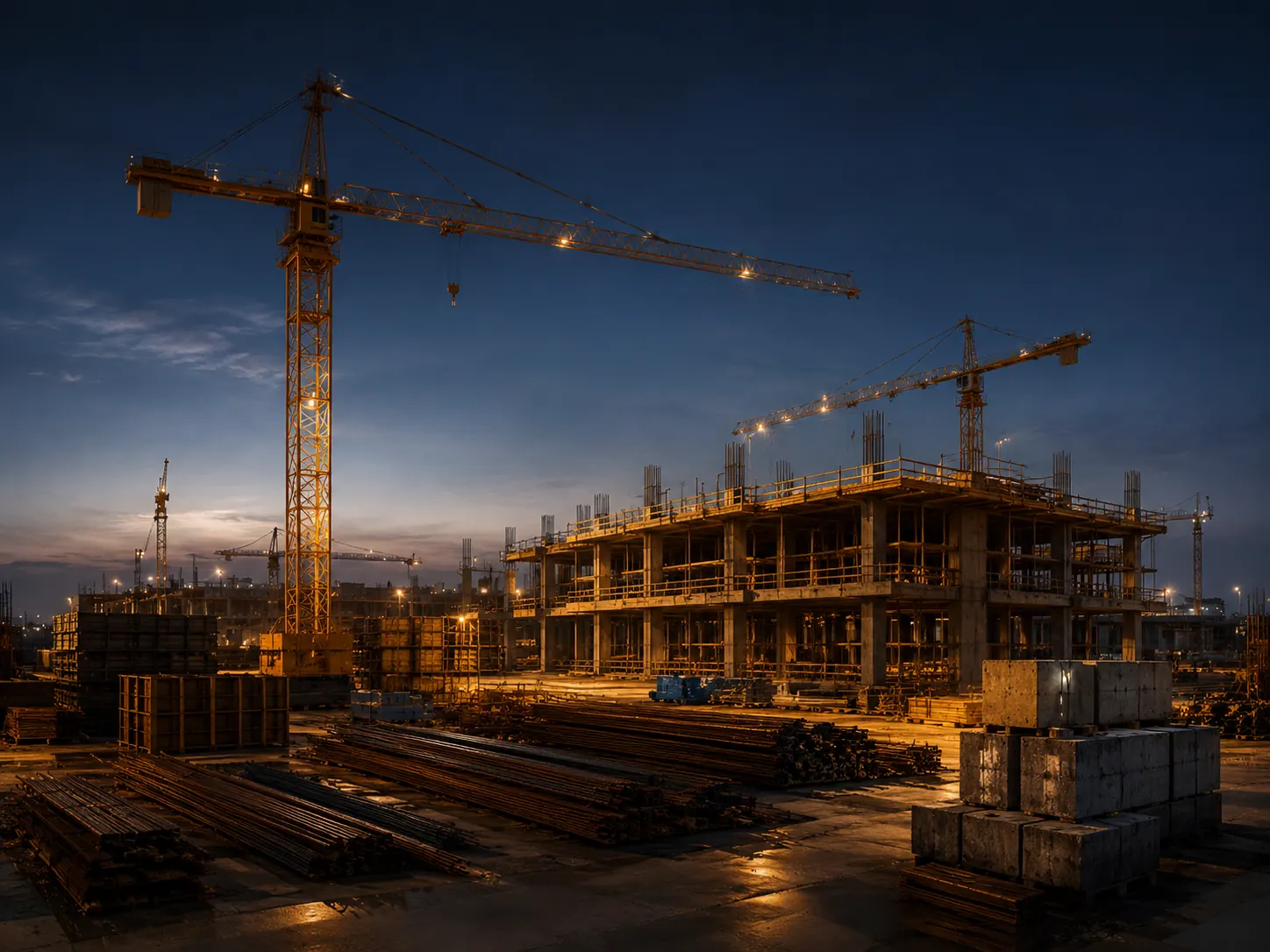 Construction site with cranes and project materials at twilight.